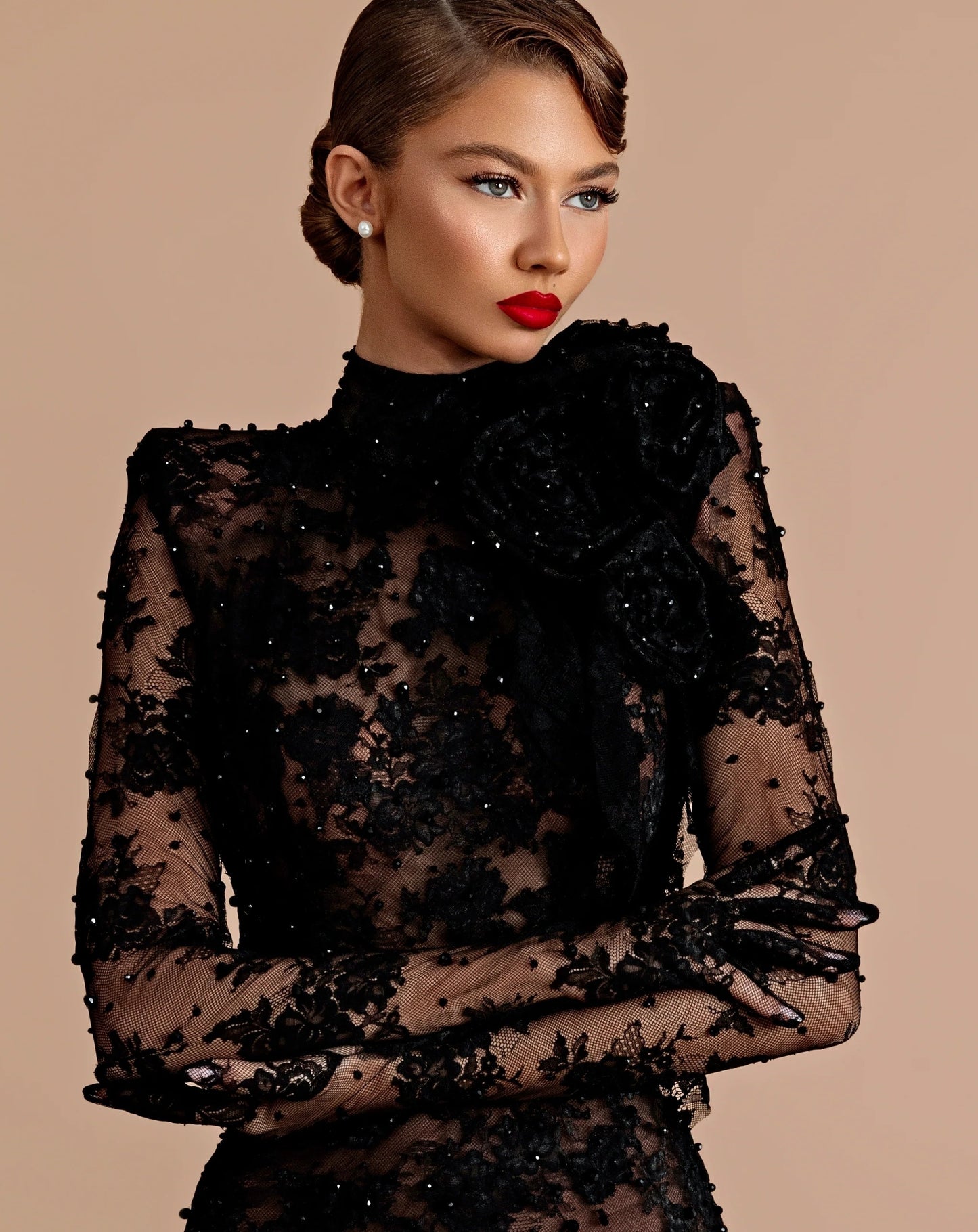 Long Sleeve Lace Backless Maxi Dress Black Nude HV2903
