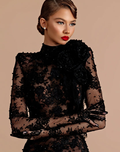 Long Sleeve Lace Backless Maxi Dress Black Nude HV2903