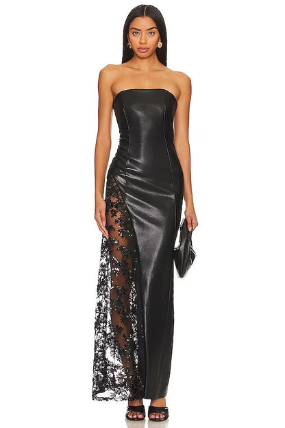 Strapless Sequin Lace Maxi Faux Leather Dress Black