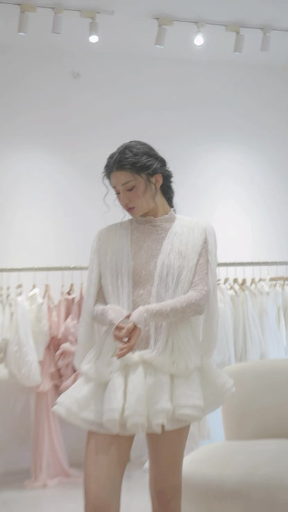 Long Sleeve Draped Lace Ruffle Dress White HV3119
