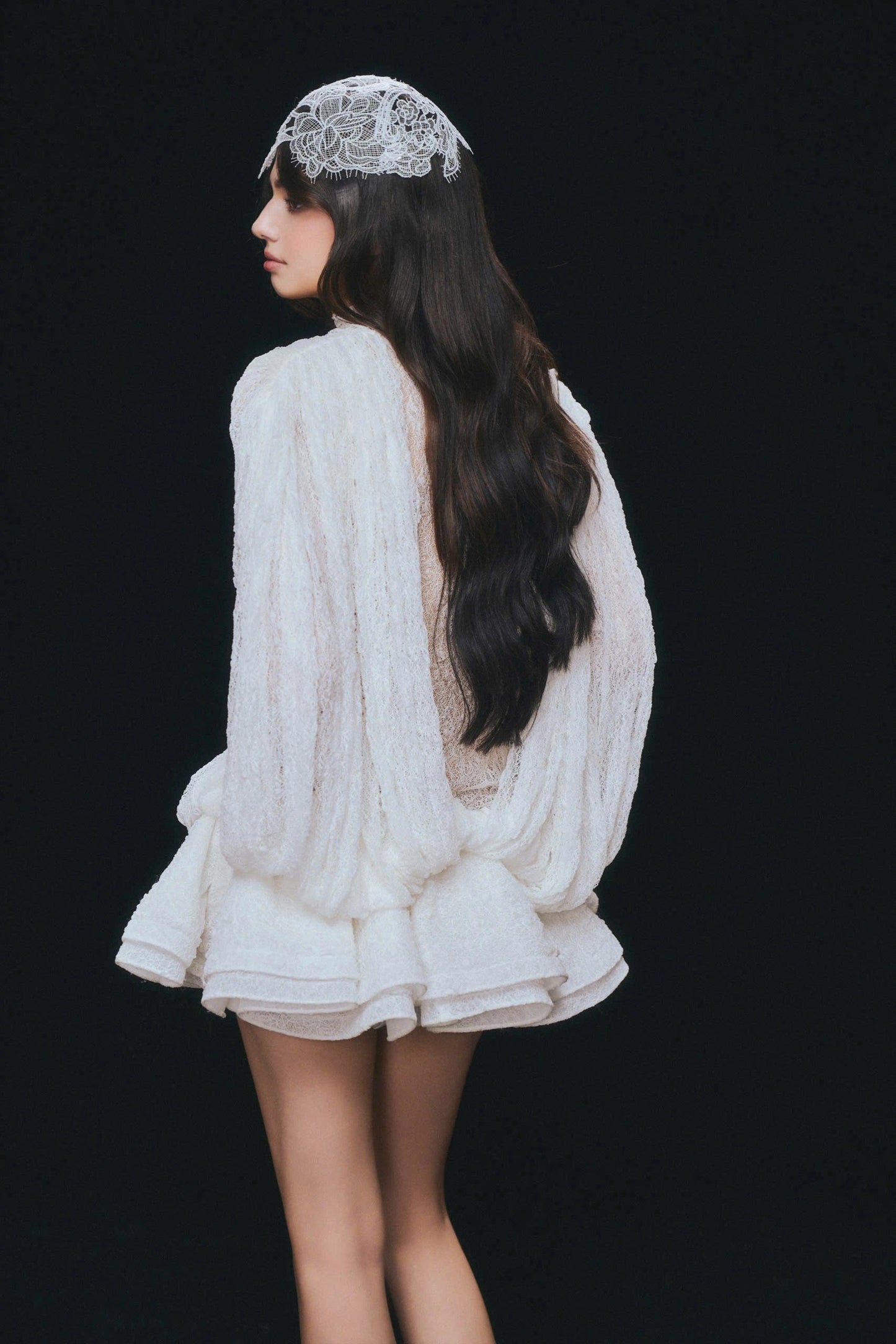 Long Sleeve Draped Lace Ruffle Dress White HV3119