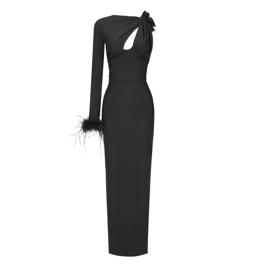 One Sleeve Feather Maxi Dress Black HV1081