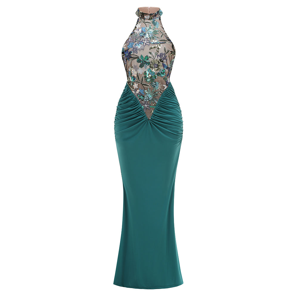 Halter Floral Sequin Embroidered Maxi Dress HV2158