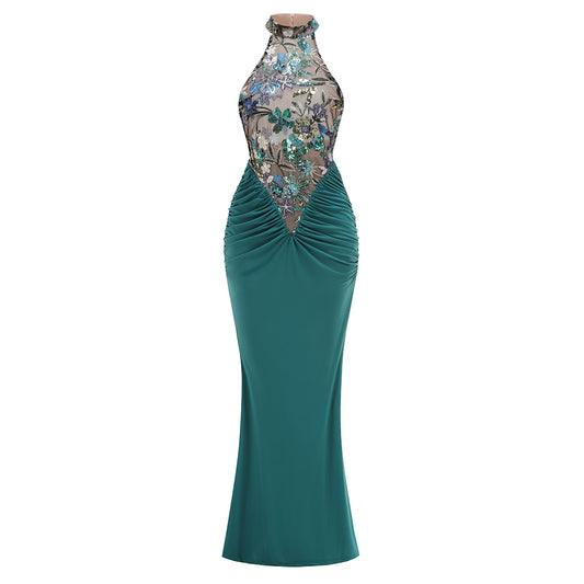 Halter Floral Sequin Embroidered Maxi Dress HV2158