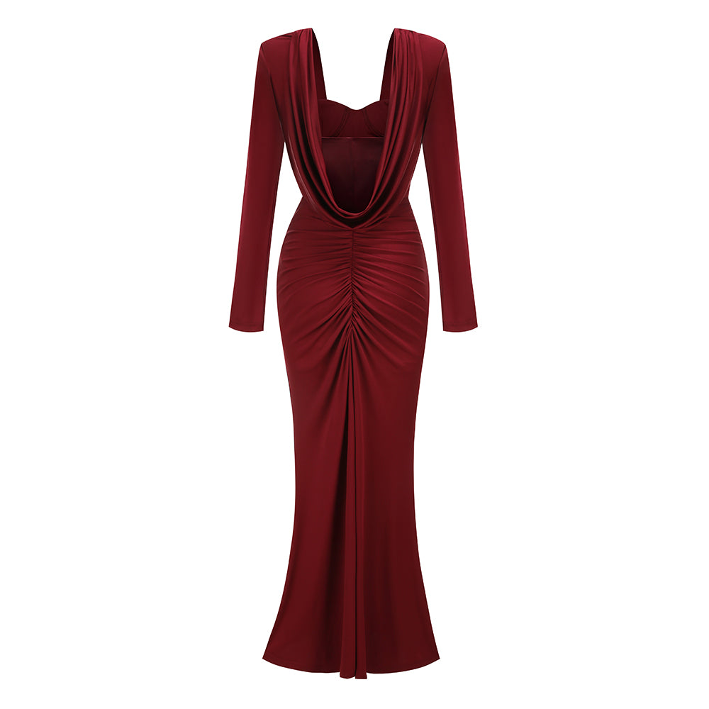 Long Sleeve Draped Bustier Maxi Dress Burgundy HV3231