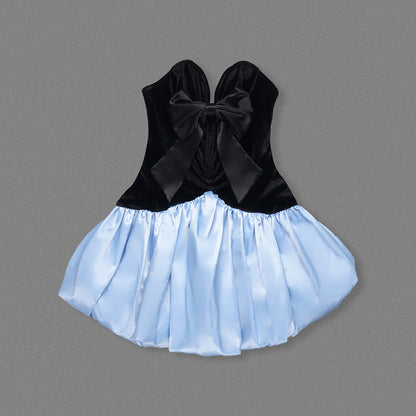 Strapless Bow Detail Puff Dress Black Blue HV2617