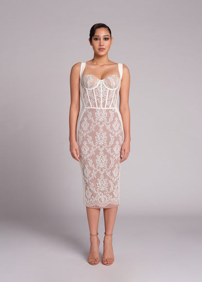 Lace Bustier Midi Dress White HV9716