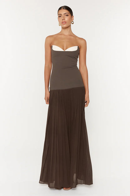 Strapless Pleated A Line Maxi Dress Brown HV2659