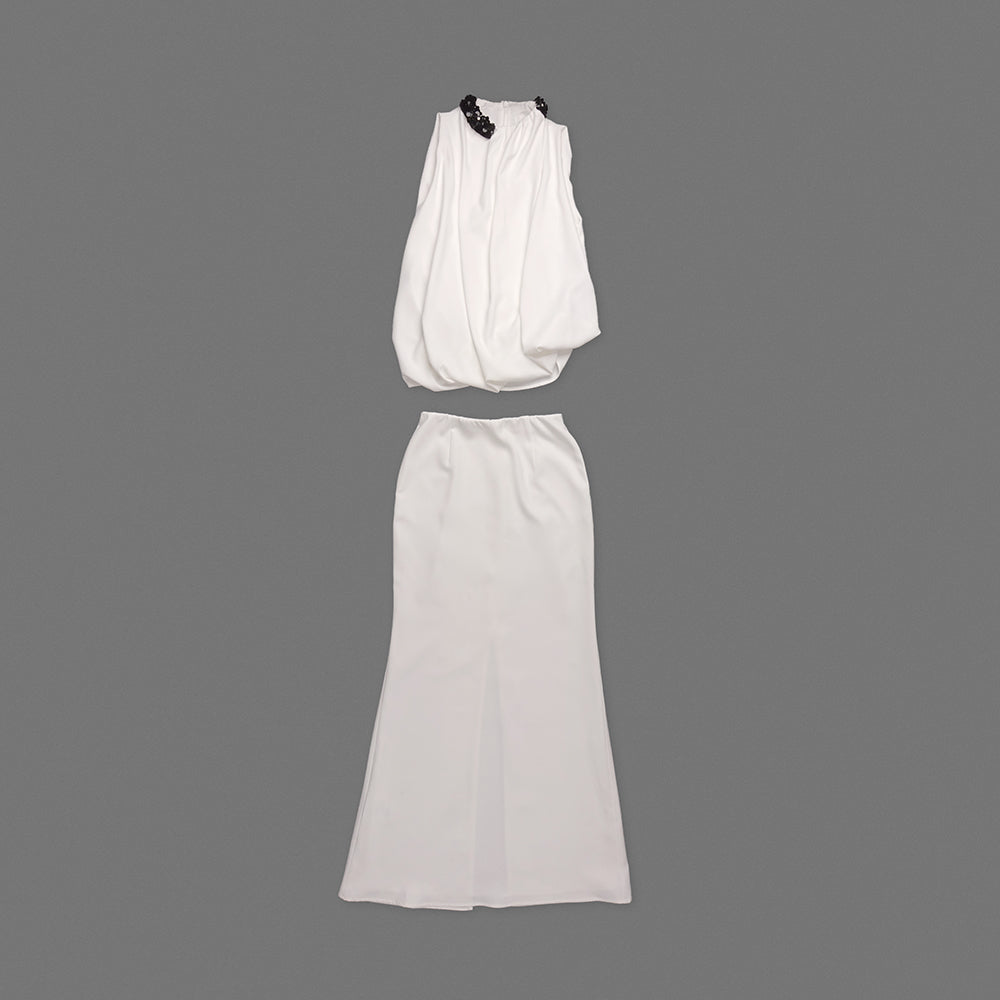 Embellished Detail Draped Two Piece Maxi Dress White HV0133