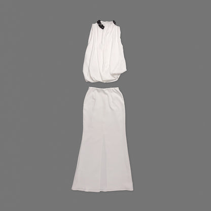 Embellished Detail Draped Two Piece Maxi Dress White HV0133