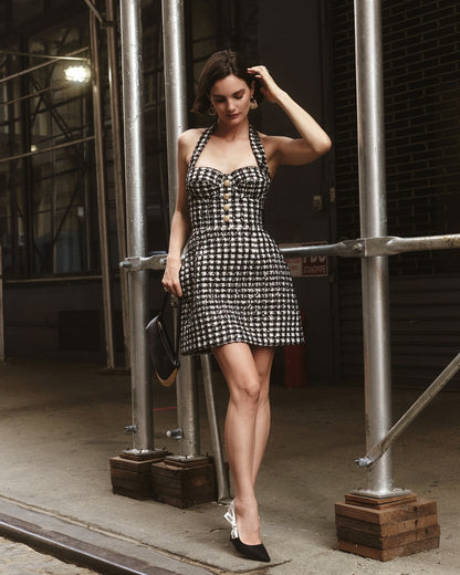 Halter Houndstooth Dress Black White HV2807