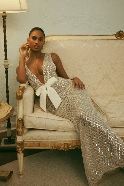 Bow Detail Sequin Maxi Dress Silver HV2767