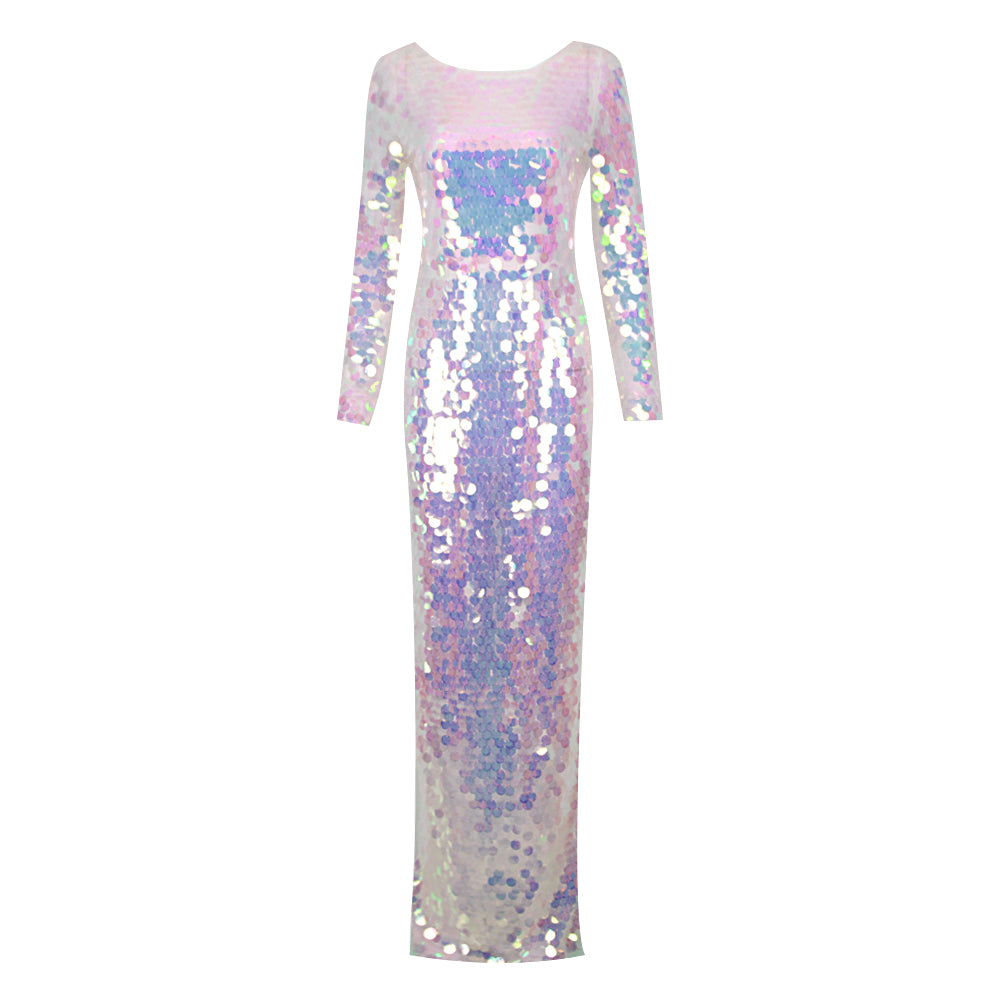 Long Sleeve Big Sequins Backless Maxi Dress Duochrome