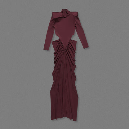 Long Sleeve Draped Cut Out Detail Maxi Dress Burgundy HV2675