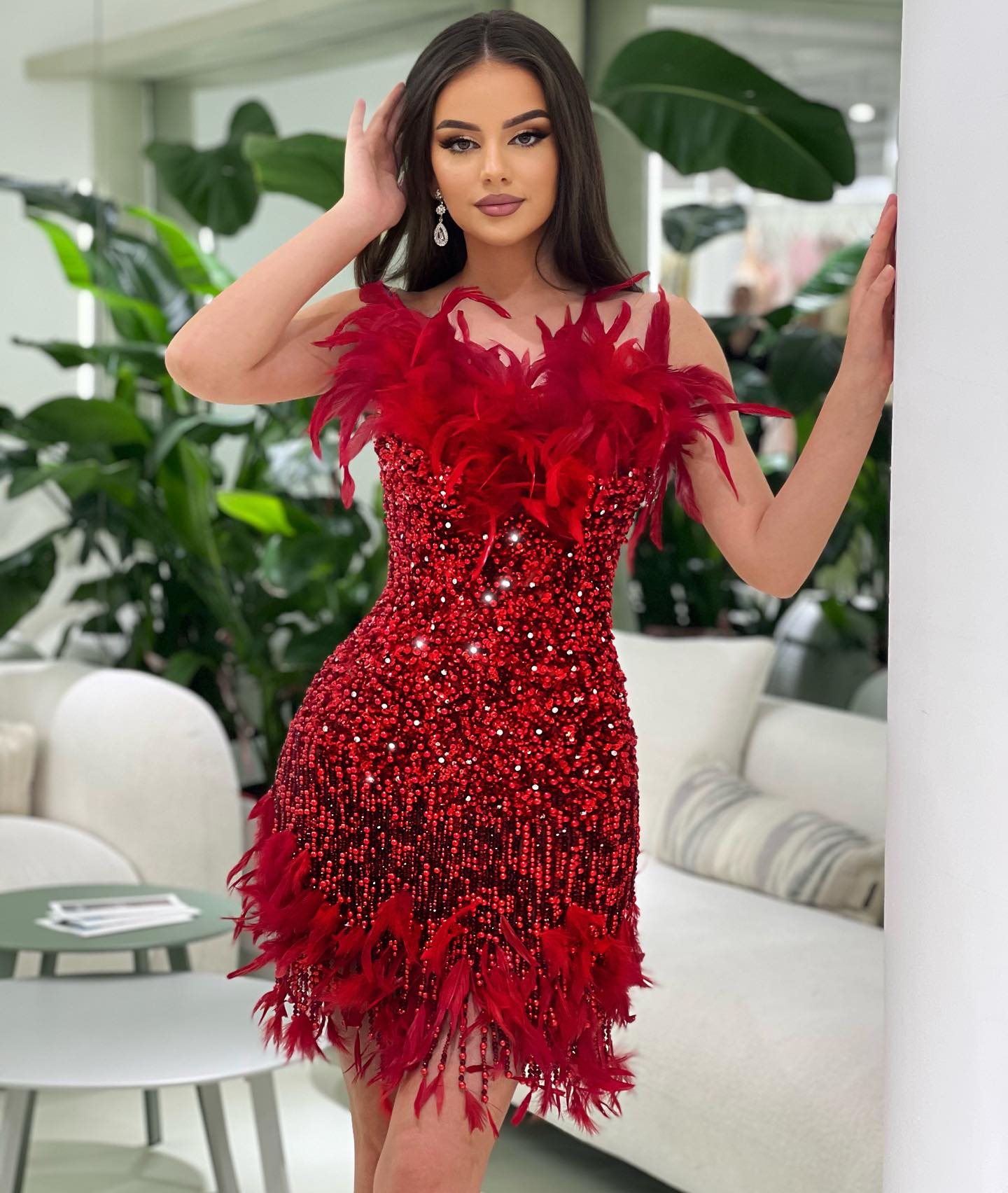 Strapless Feather Crystal Sequin Dress Red HV1296