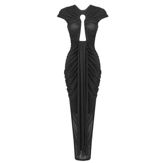 Keyhole Detail Ruched Maxi Dress Black HV1637