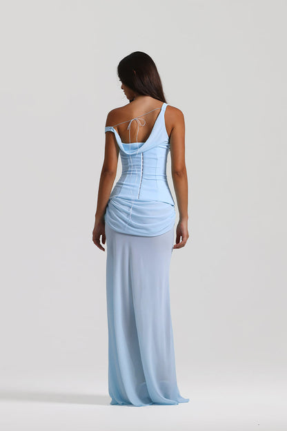 One Shoulder Corset Draped Maxi Dress Blue HV0011