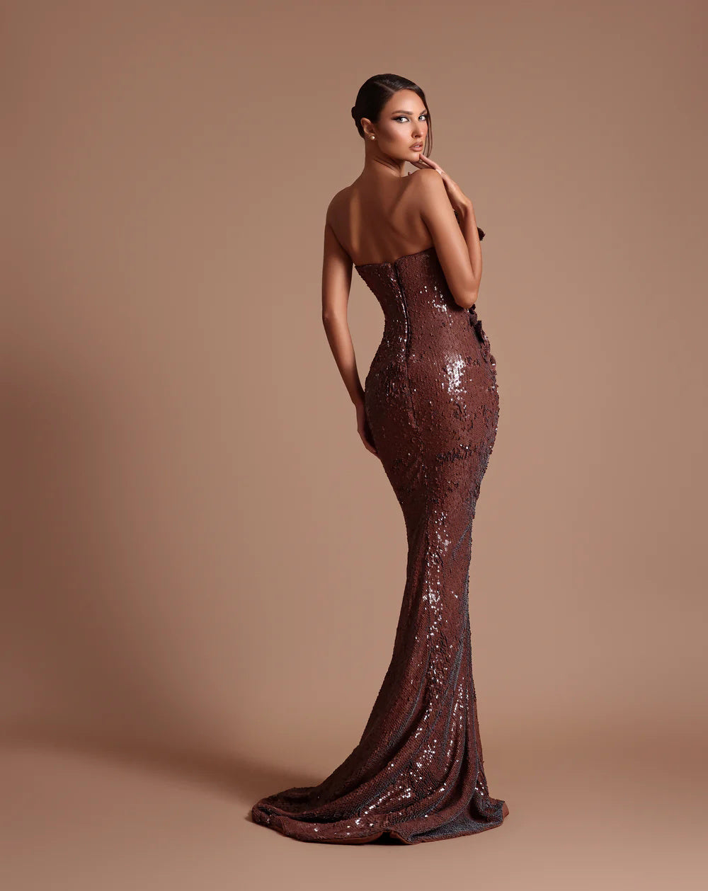 Strapless Sequin Floral Maxi Dress Brown HV2625