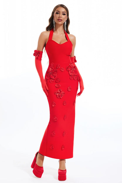 Halter Floral Gloves Maxi Dress Red HV2467