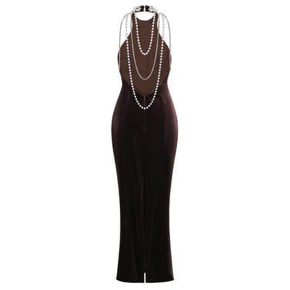 Halter Pearl Embellished Maxi Velvet Dress Brown HV2916