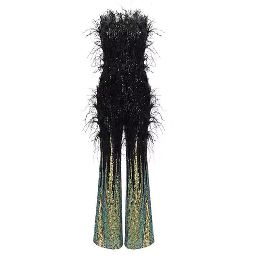 Strapless Feather Sequin Jumpsuit