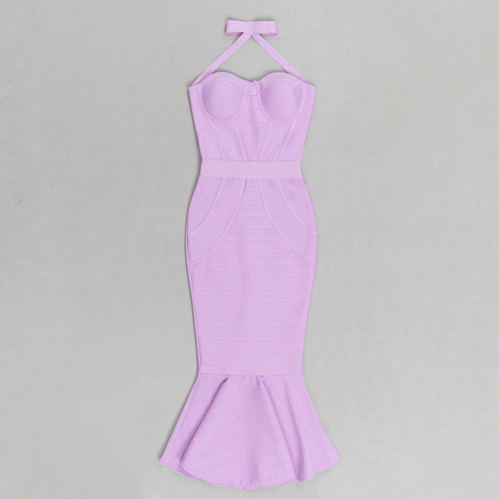 Halter Bustier Mermaid Midi Dress Lavender HV9675