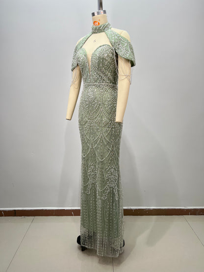 Cold Shoulder Crystal Pearl Maxi Dress Green HV2951