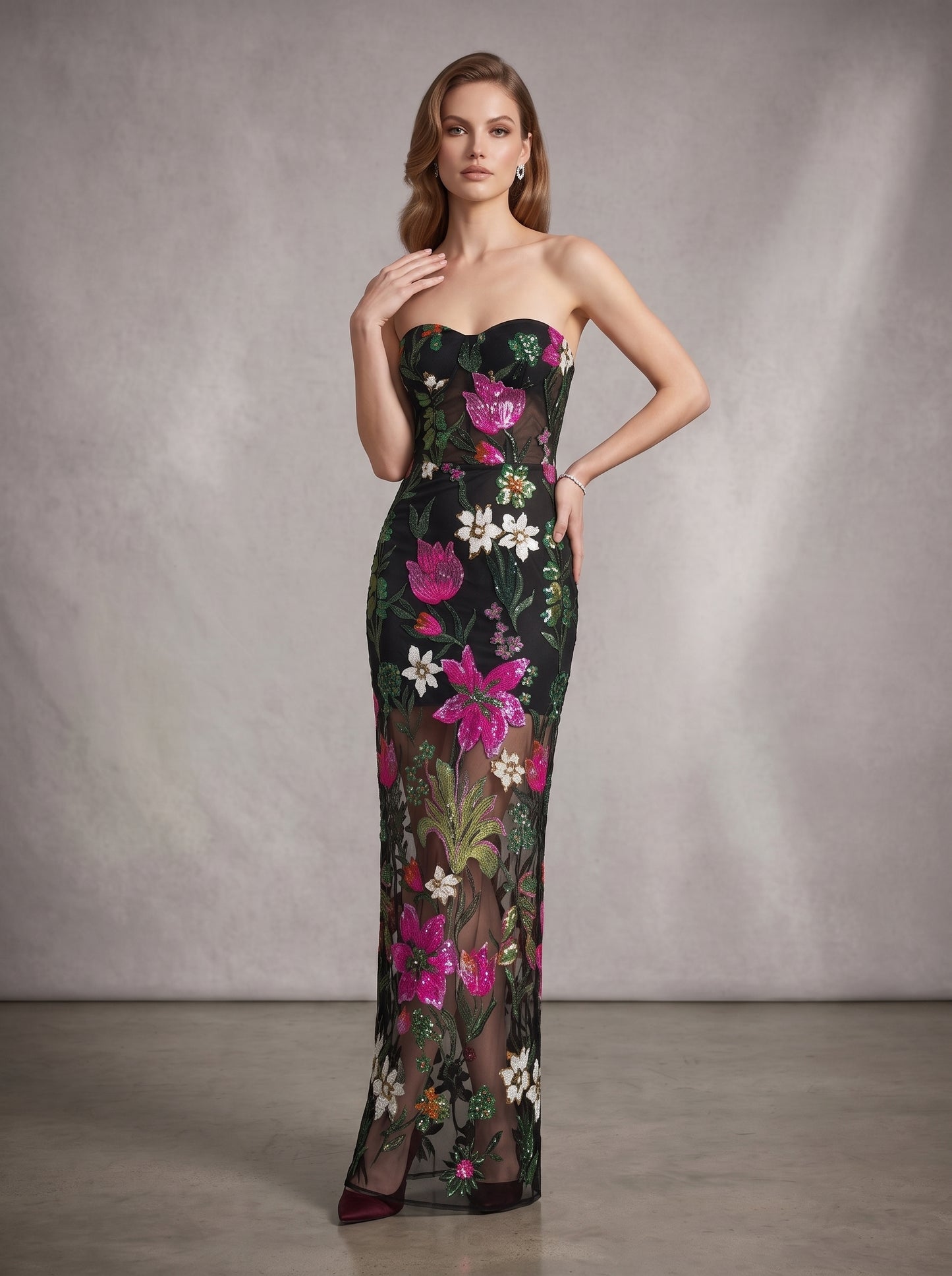 Strapless Sequin Floral Embroidered Maxi Dress Black HV3133