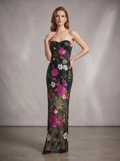 Strapless Sequin Floral Embroidered Maxi Dress Black HV3133