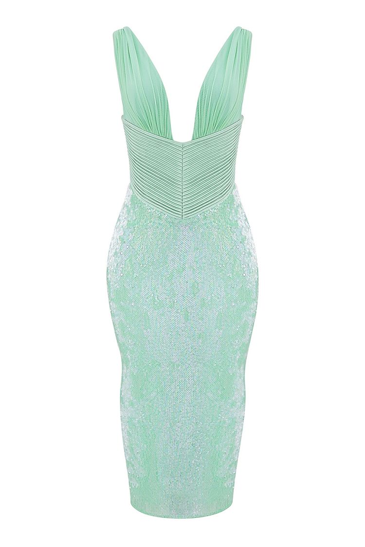 Pleated Sequin Midi Dress Green