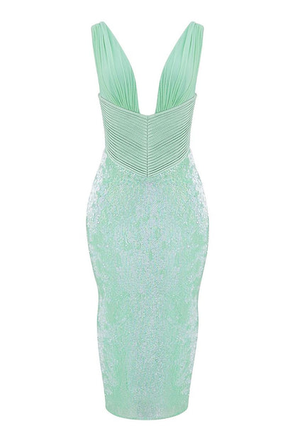 Pleated Sequin Midi Dress Green