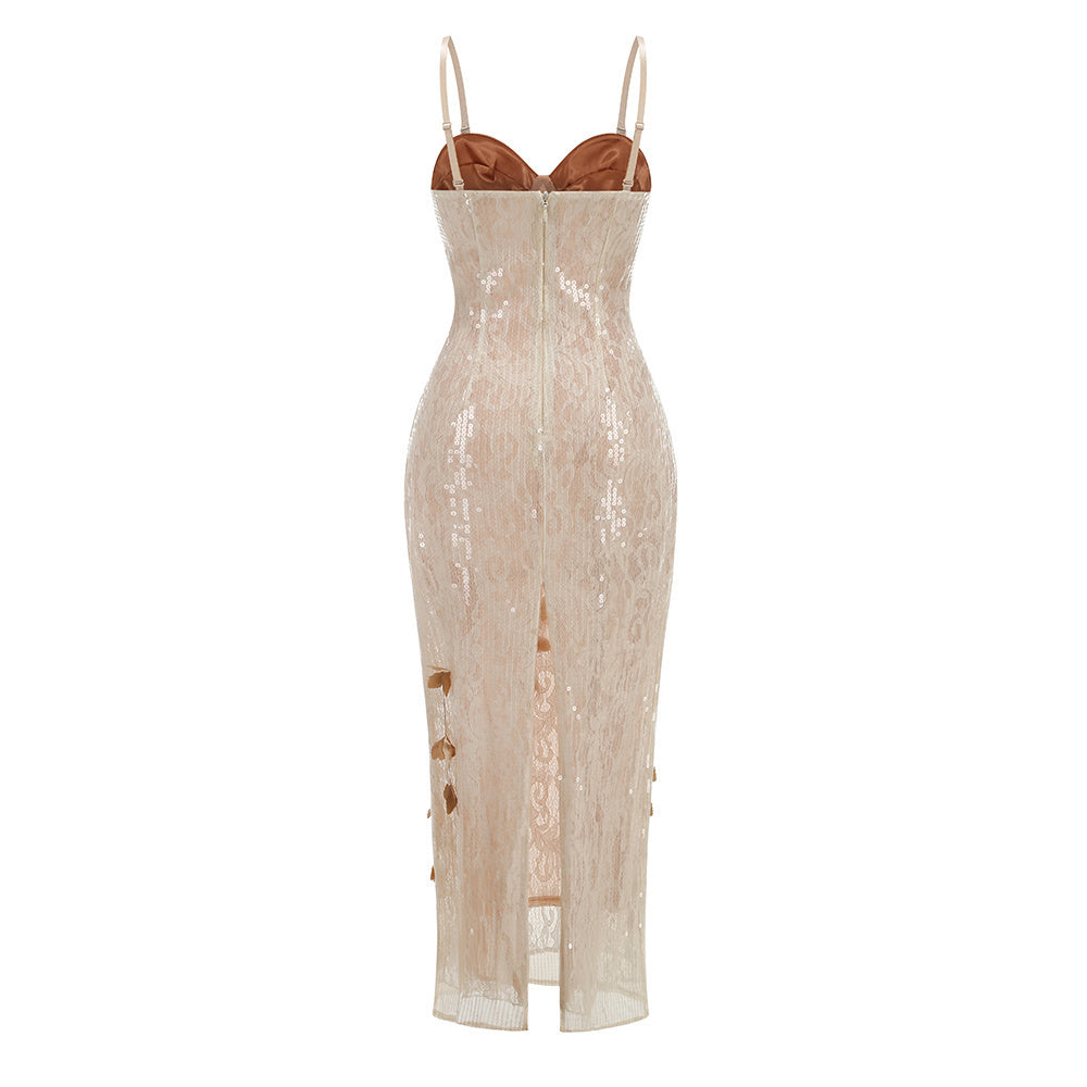 Leaf Detail Bustier Sequin Lace Maxi Dress Brown Nude HV2504