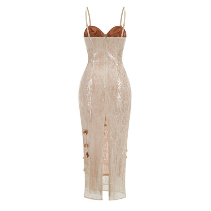 Leaf Detail Bustier Sequin Lace Maxi Dress Brown Nude HV2504