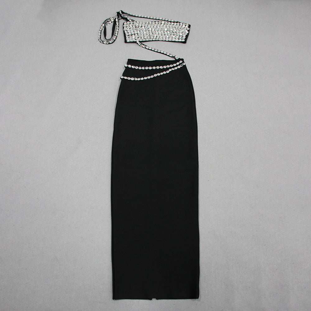 One Shoulder Crystal Trims Maxi Dress Black HV1394