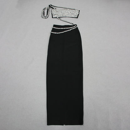 One Shoulder Crystal Trims Maxi Dress Black HV1394