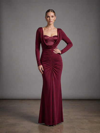 Long Sleeve Draped Bustier Maxi Dress Burgundy HV3231