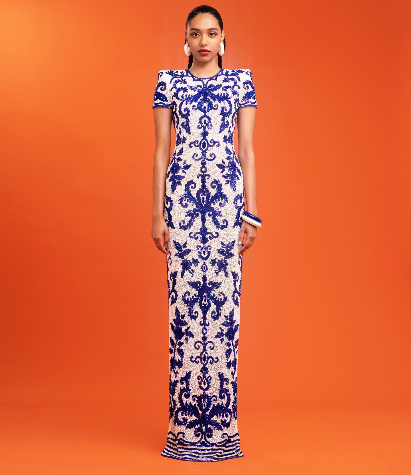 Short Sleeve Printed Maxi Dress Blue White HV1737