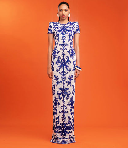 Short Sleeve Printed Maxi Dress Blue White HV1737