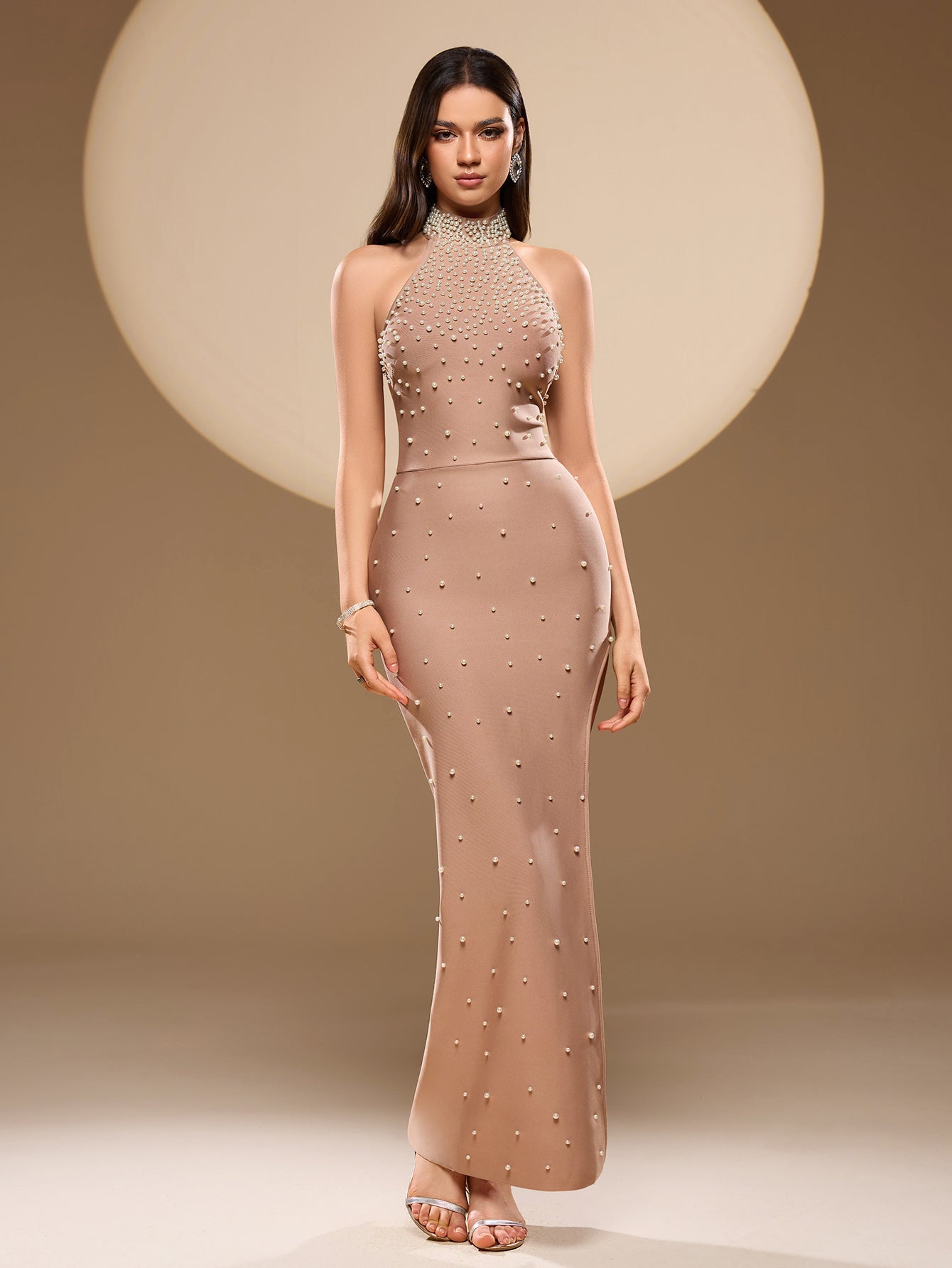 Halter Pearl Embellished Maxi Dress Nude HV2548