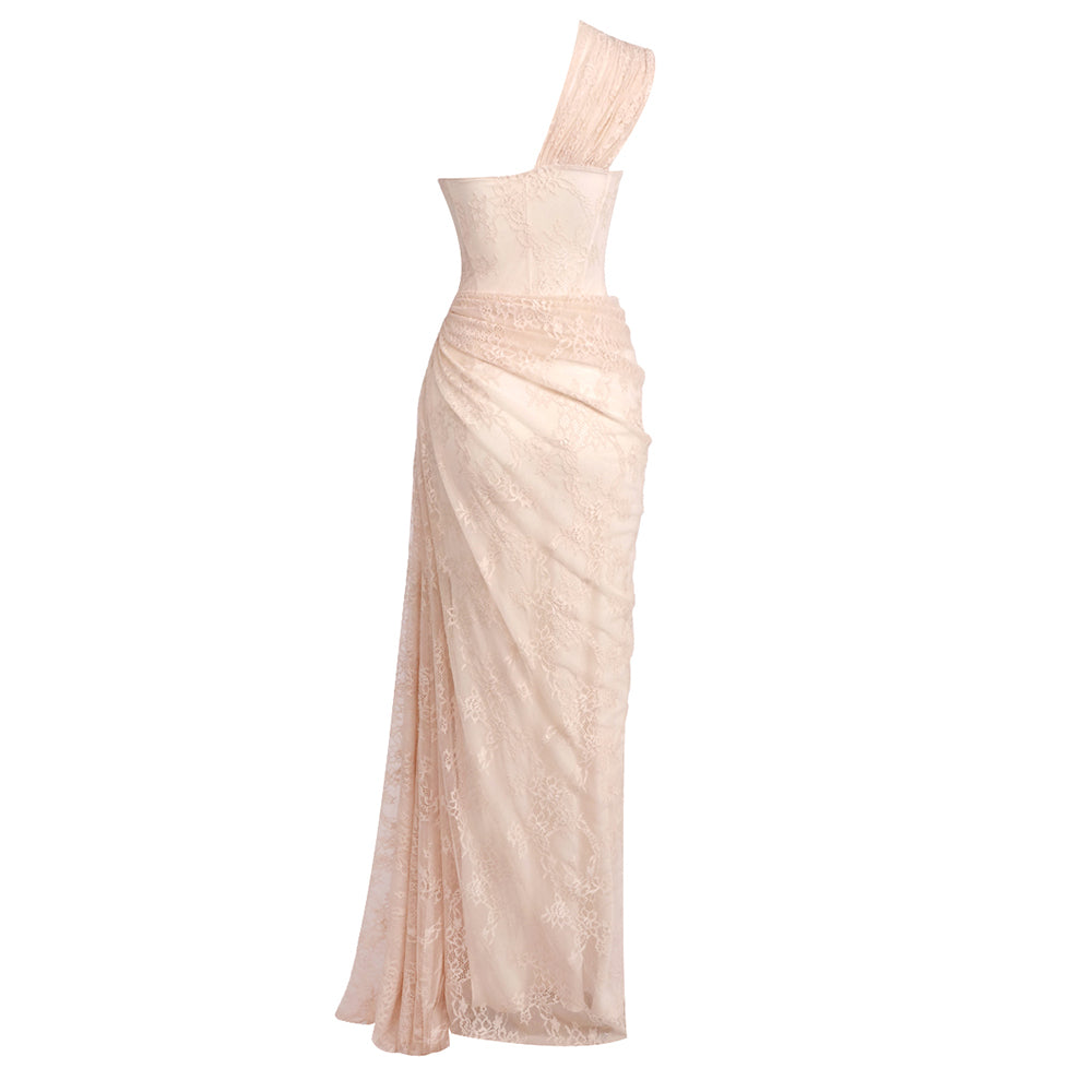 One Shoulder Draped Lace Maxi Dress Light Nude HV2677