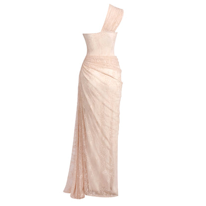 One Shoulder Draped Lace Maxi Dress Light Nude HV2677