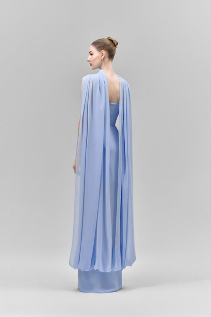 Strapless Draped Cape Maxi Dress Blue HV3074