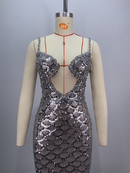 Crystal Bustier Sequin Maxi Dress Silver HV1627