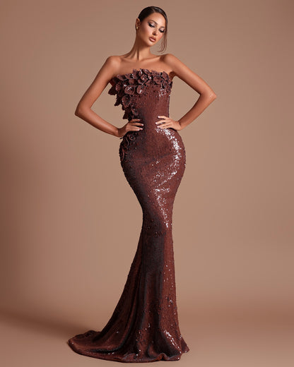 Strapless Sequin Floral Maxi Dress Brown HV2625