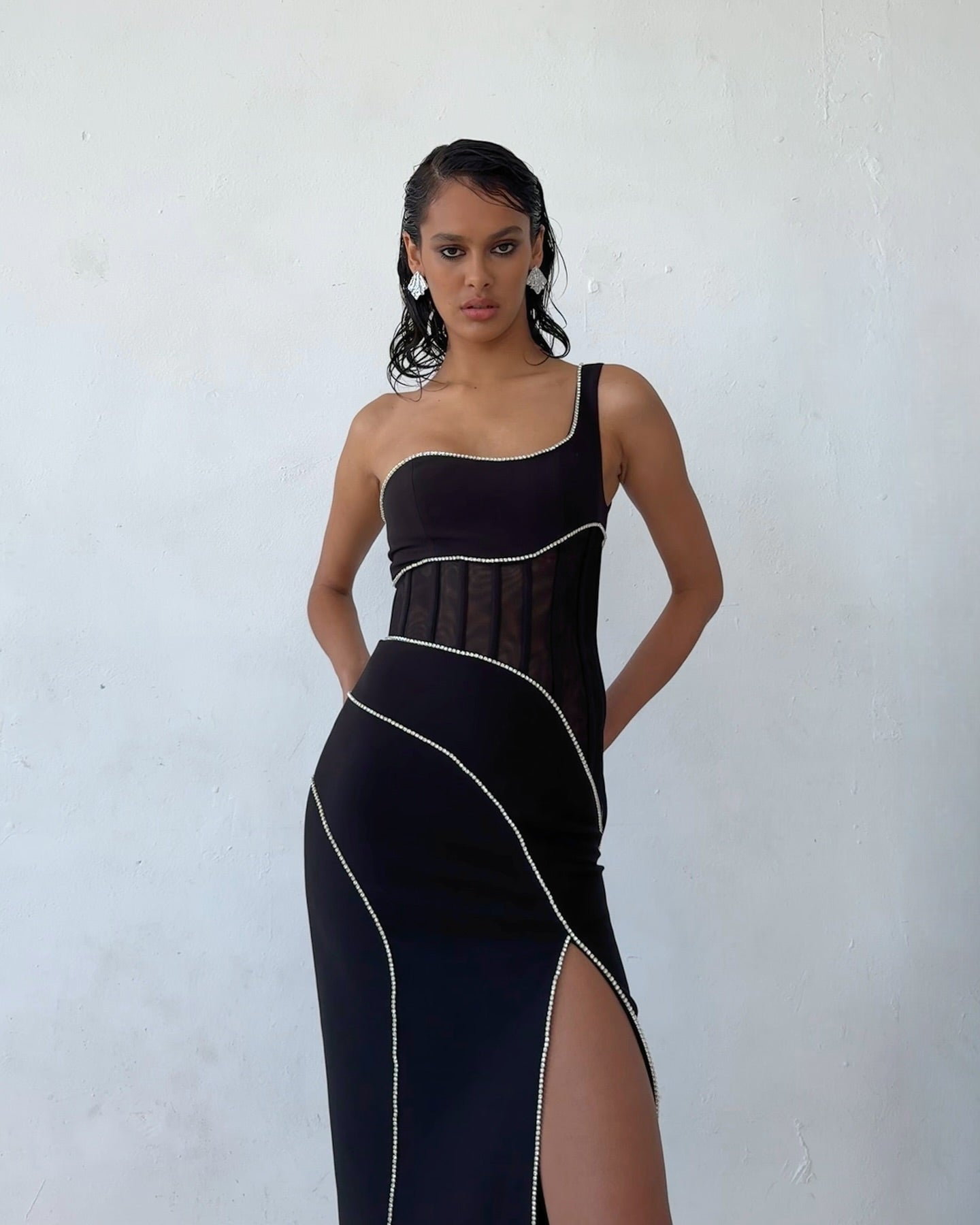 One Shoulder Structured Mesh Maxi Dress Black