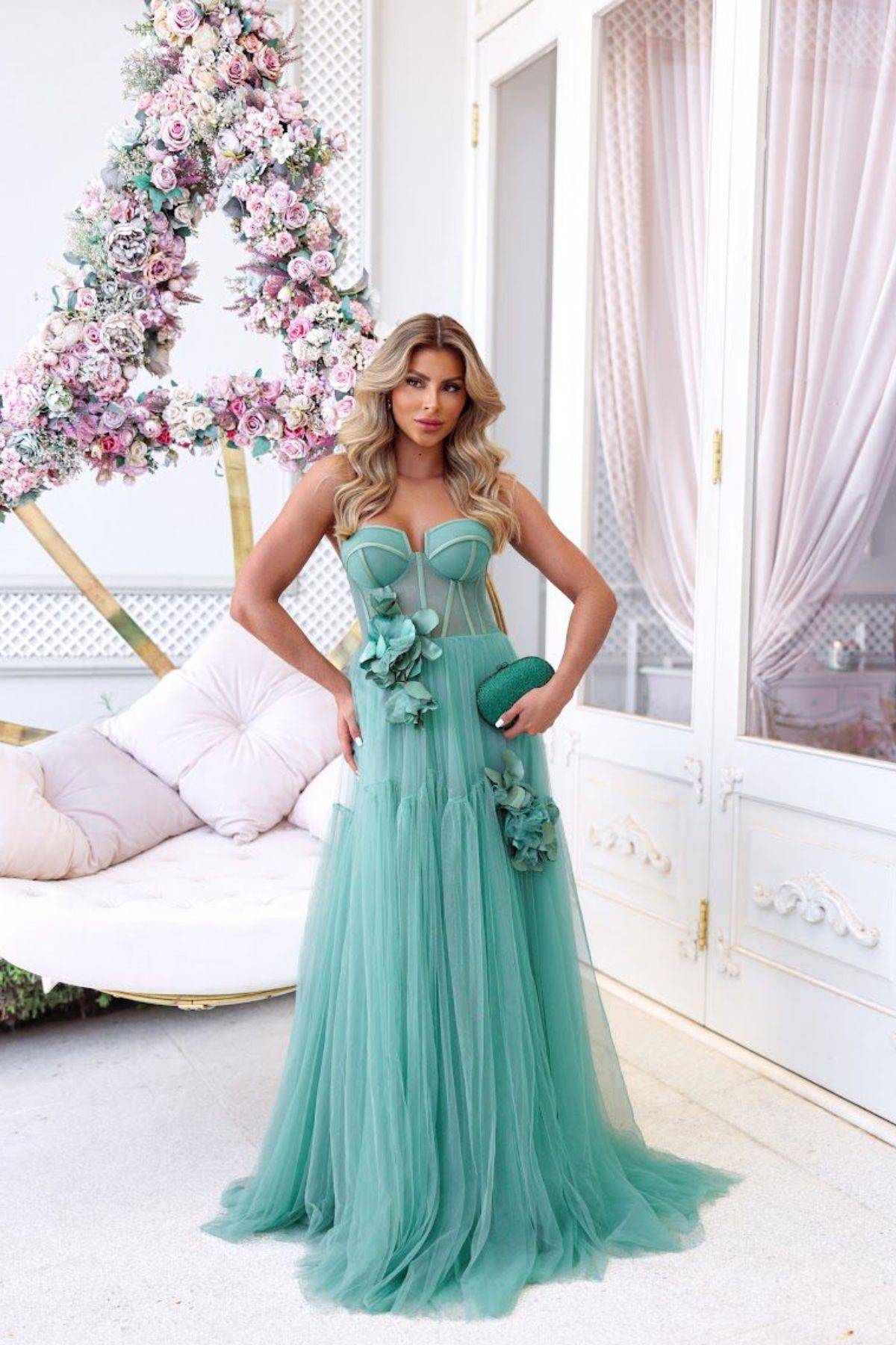 Strapless Floral Corset Mermaid Maxi Dress Turquoise HV1616