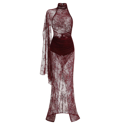 One Shoulder Lace Maxi Dress Burgundy HV2970