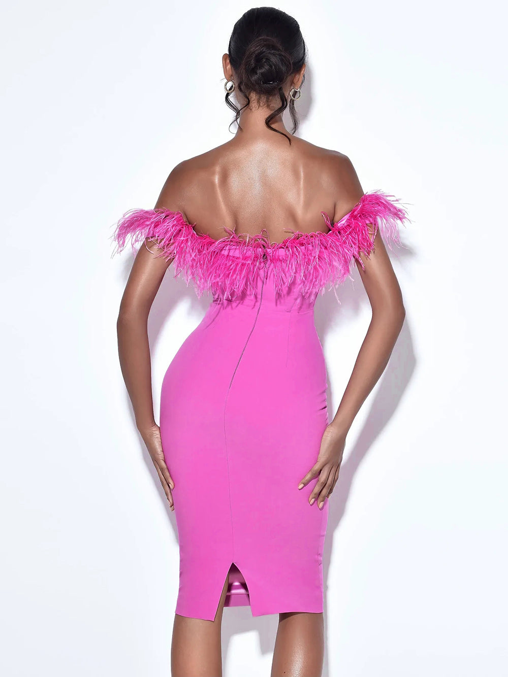 Feather Off Shoulder Midi Dress Hot Pink HV9035