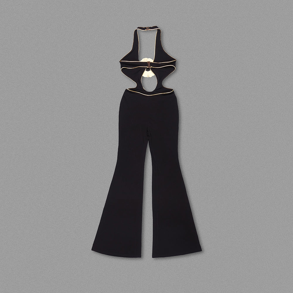Halter Floral Jumpsuit Black Gold HV1638