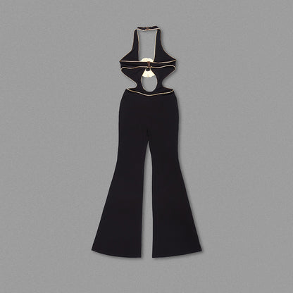 Halter Floral Jumpsuit Black Gold HV1638